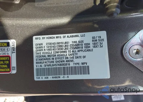 2019 Honda Odyssey Ex z USA, uszkodzony, nr VIN 5FNRL6H57KB093816